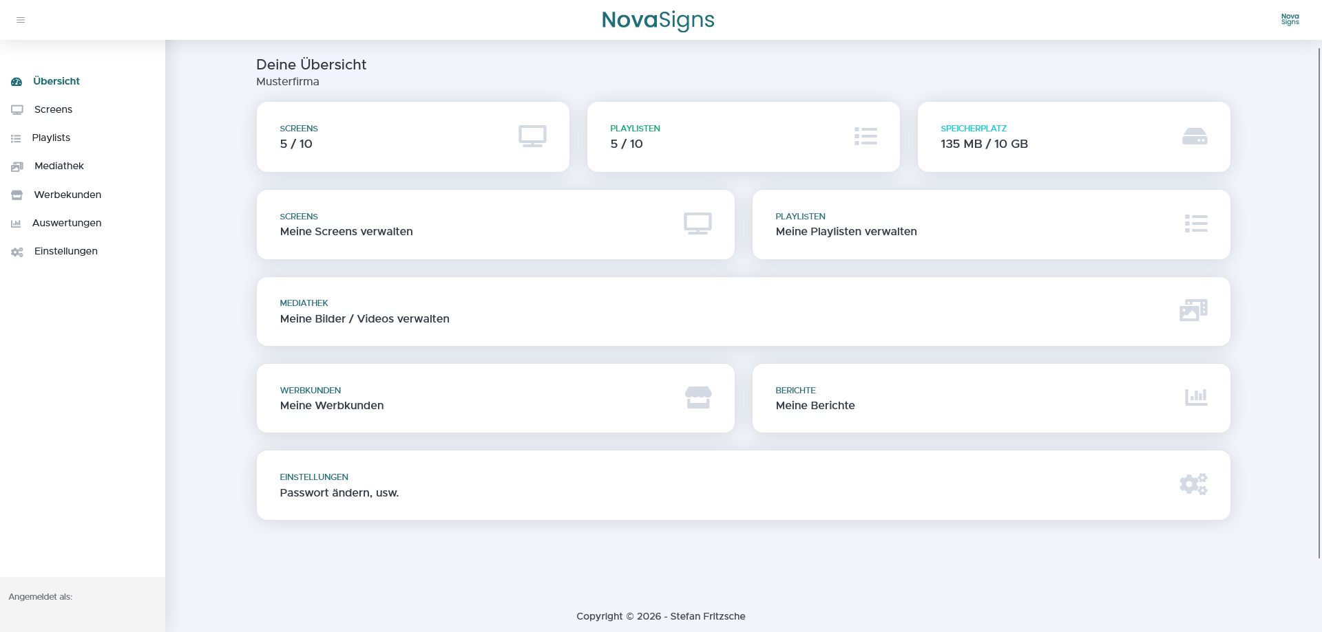 NovaSigns Dashboard mit Verwaltung von Screens, Playlists, Mediathek, Werbekunden und Berichten